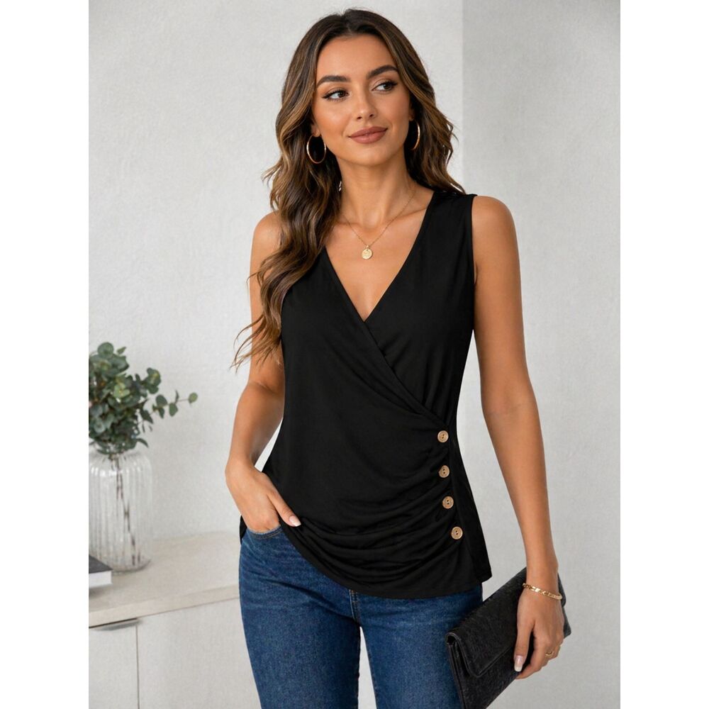 Shein Top XL Black Sleeveless Wrap Style Button Detail Stretch Blouse NWOT